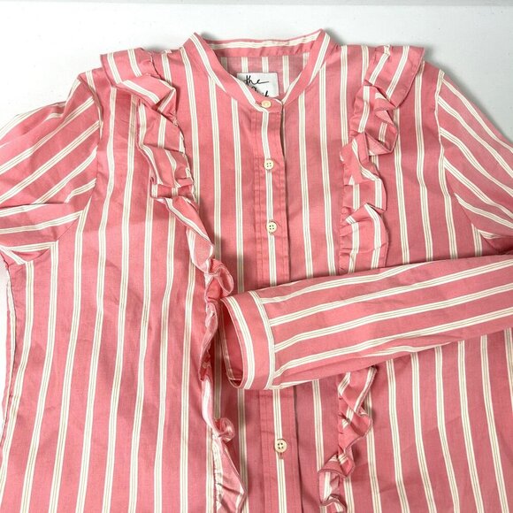 The Shirt Rochelle Behrens Button Up Ruffle Size M Pink Striped Long Sleeves - Picture 6 of 10